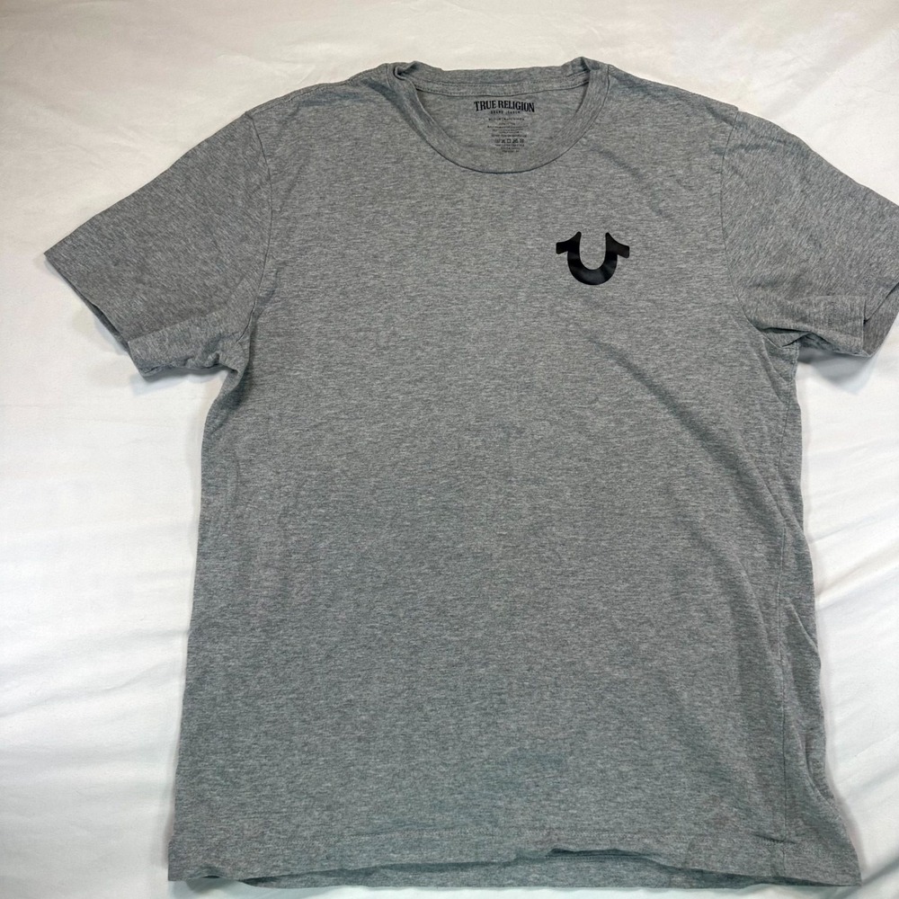 True Religion T Shirt Mens Medium Heathered Gray Graphic Print Logo Short Sleeve